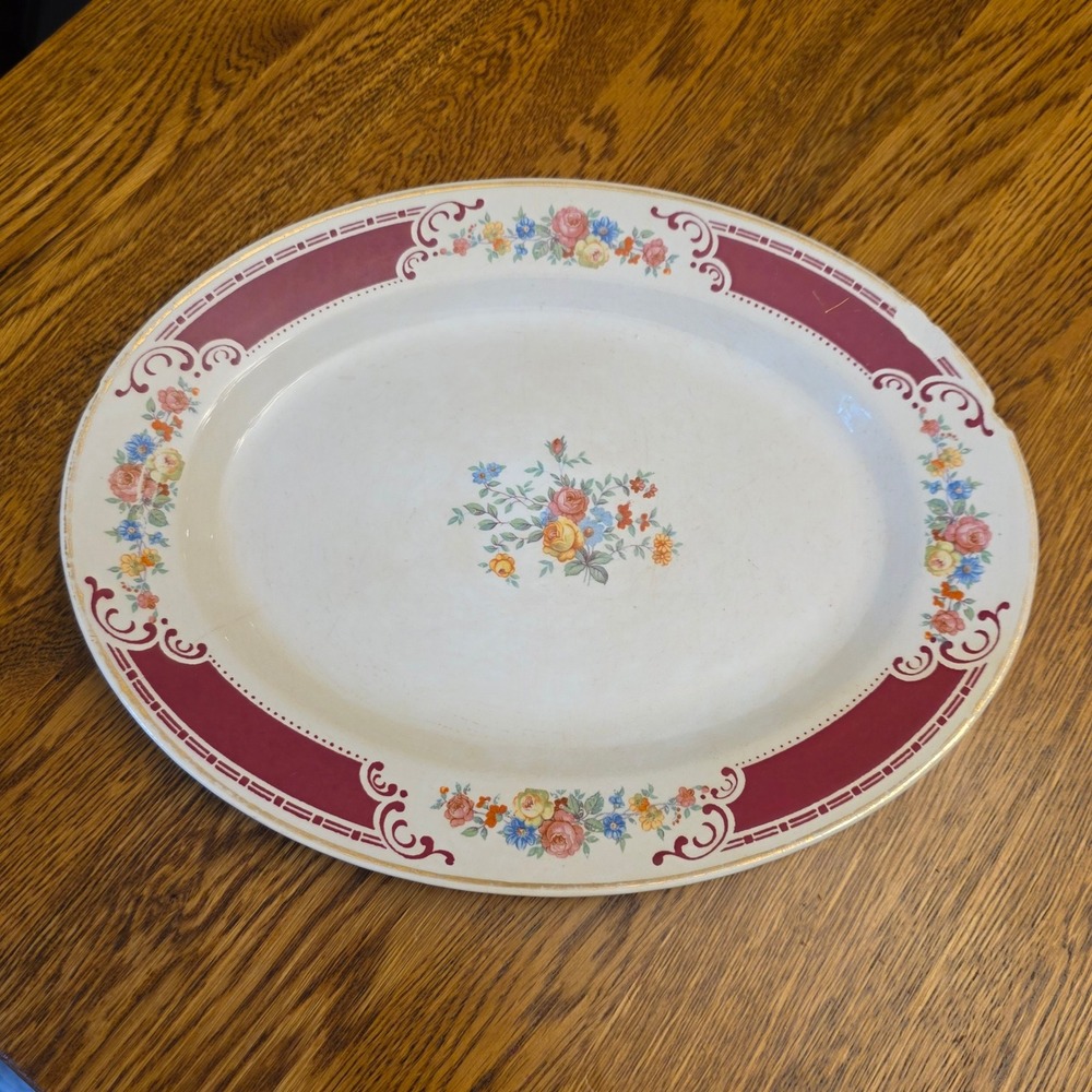 Vintage Homer Laughlin Majestic Brittany Floral Oval Platter Maroon Gold Trim